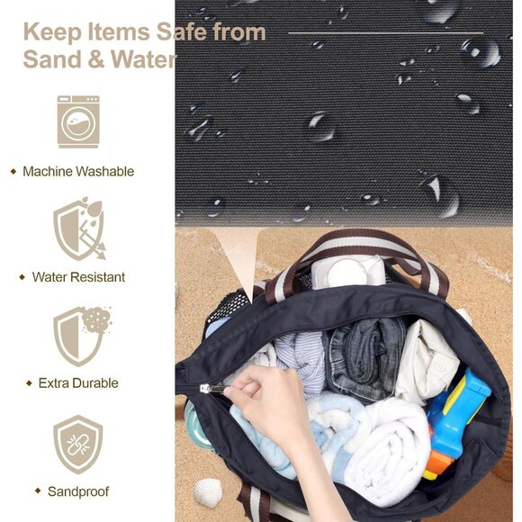 Women's Black Vacation Waterproof Sandproof With Zipper Mesh Pockets Beach Bag - Picture 3 of 8